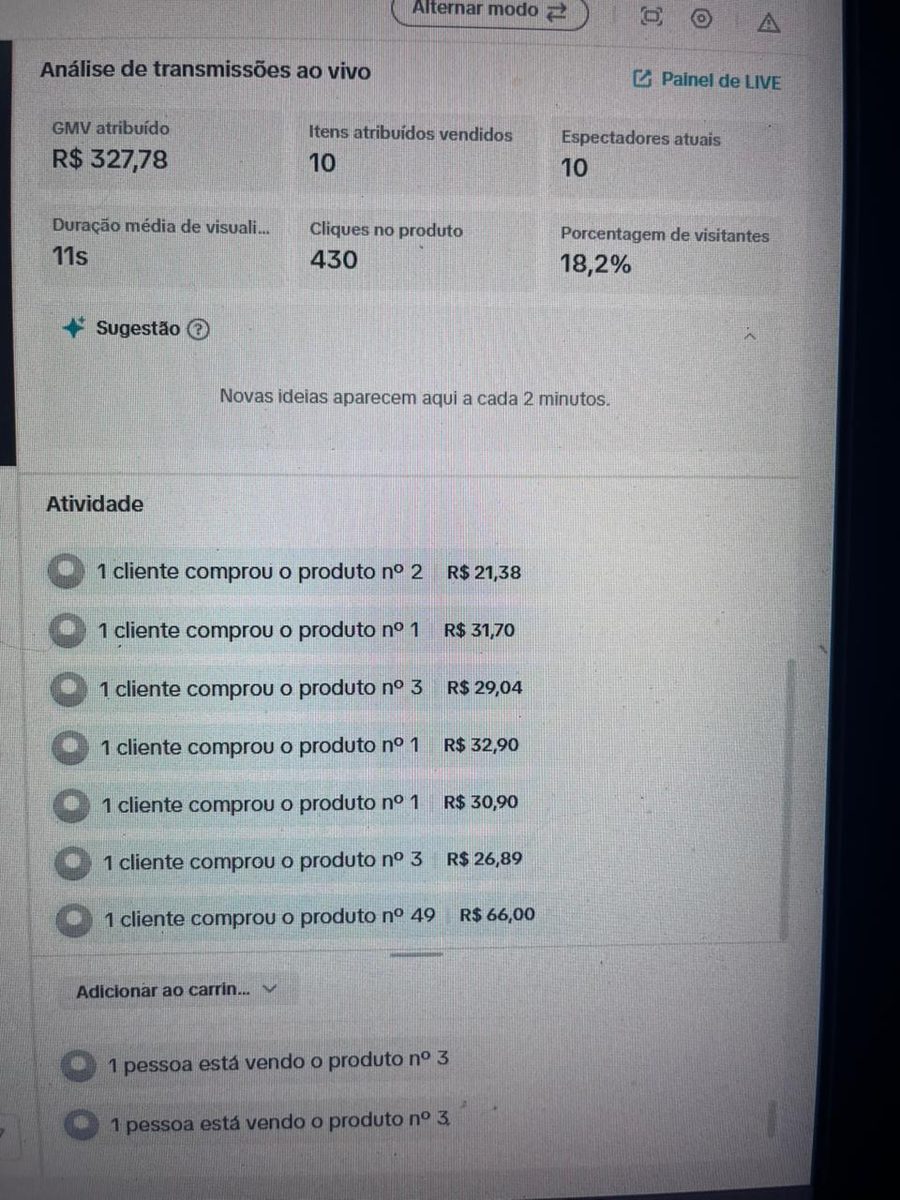 Print de resultados de vendas em live pré-gravada