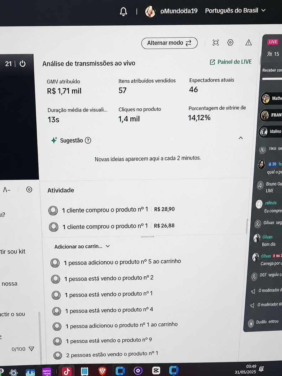 Print de resultados de vendas em live pré-gravada